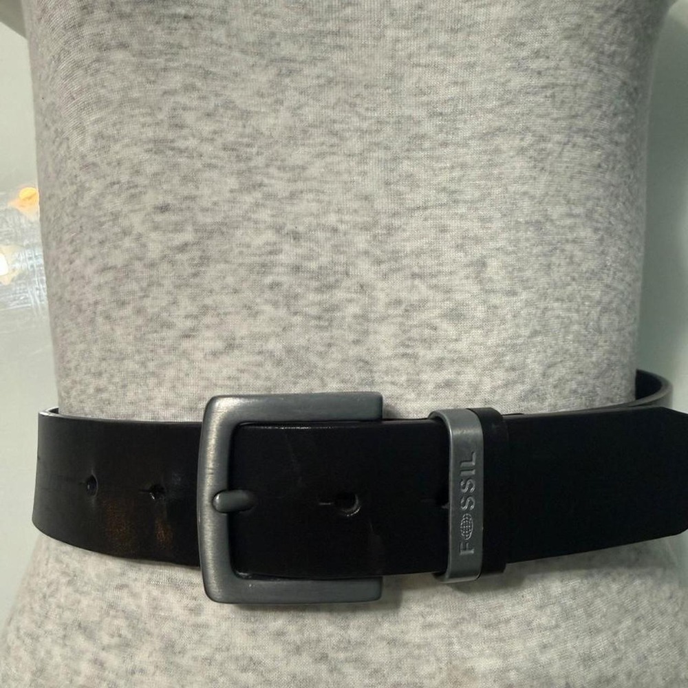 Fossil black leather belt with silver buckle 42"